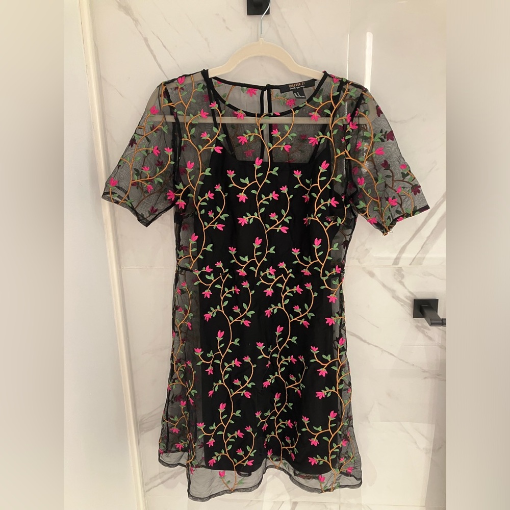 Embroidered Floral Black Dress with Slip Dress - Size Medium